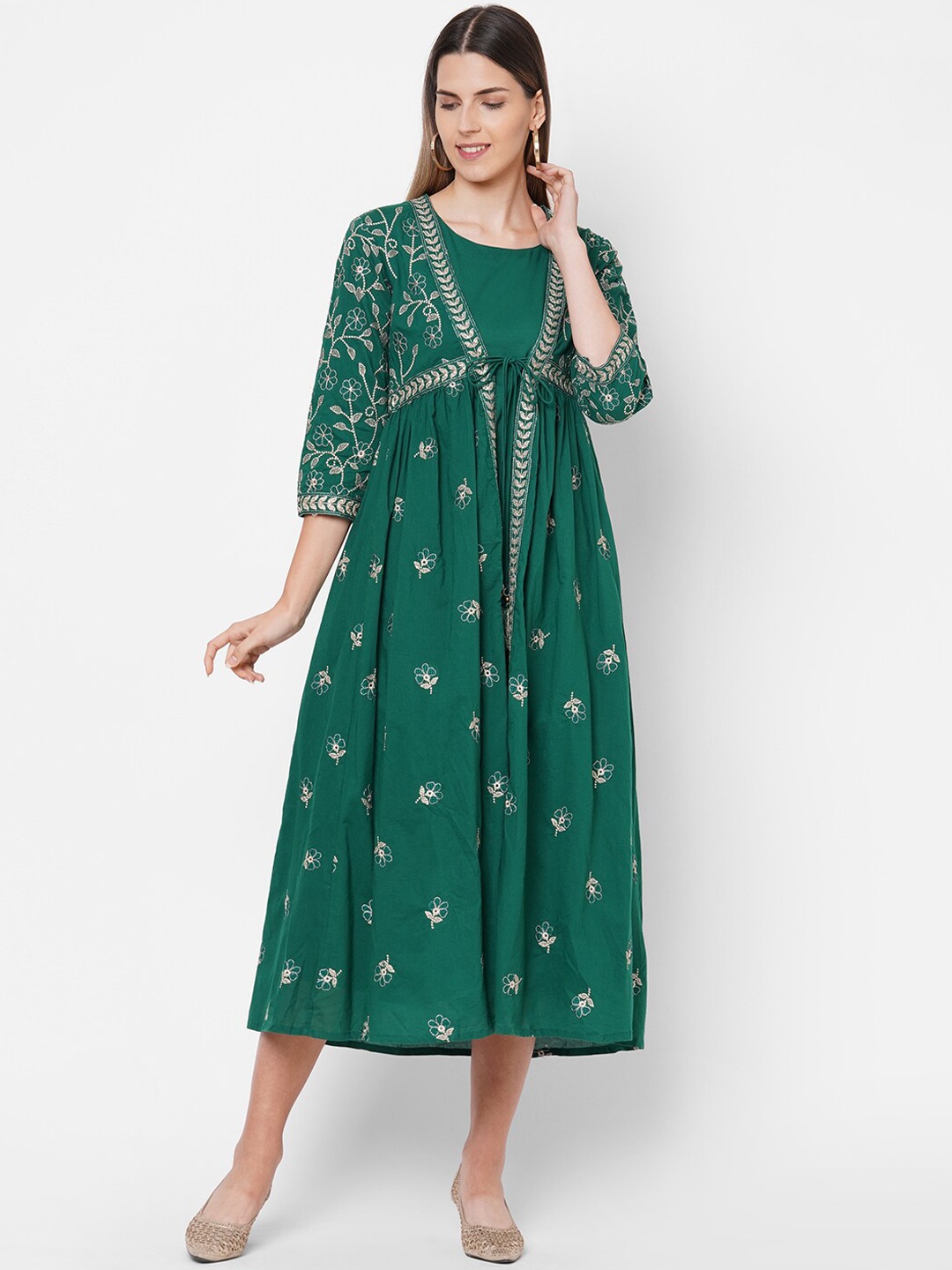 

FASHOR Green & Gold-Toned Floral Embroidered Midi Dress