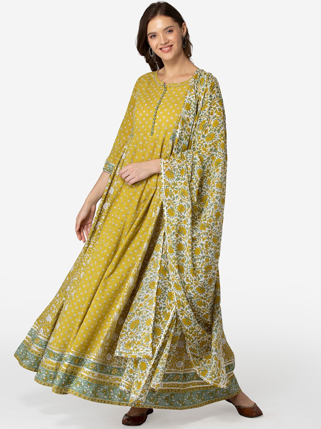 

TARA-C-TARA Yellow Ethnic Motifs Ethnic Maxi Dress with Dupatta