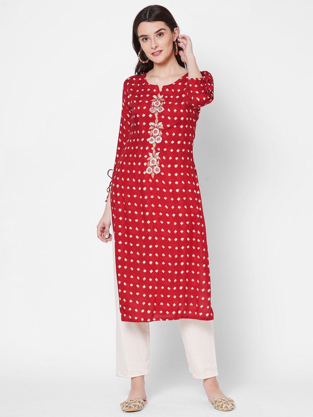 

FASHOR Women Red Ethnic Motifs Screen Printed & Floral Embroidered Straight Kurta