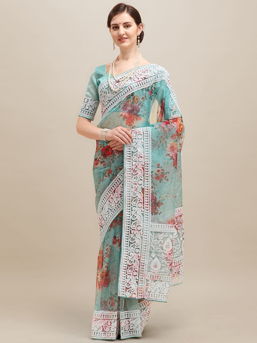 

RAJGRANTH Blue & Red Floral Aari Work Organza Heavy Work Saree