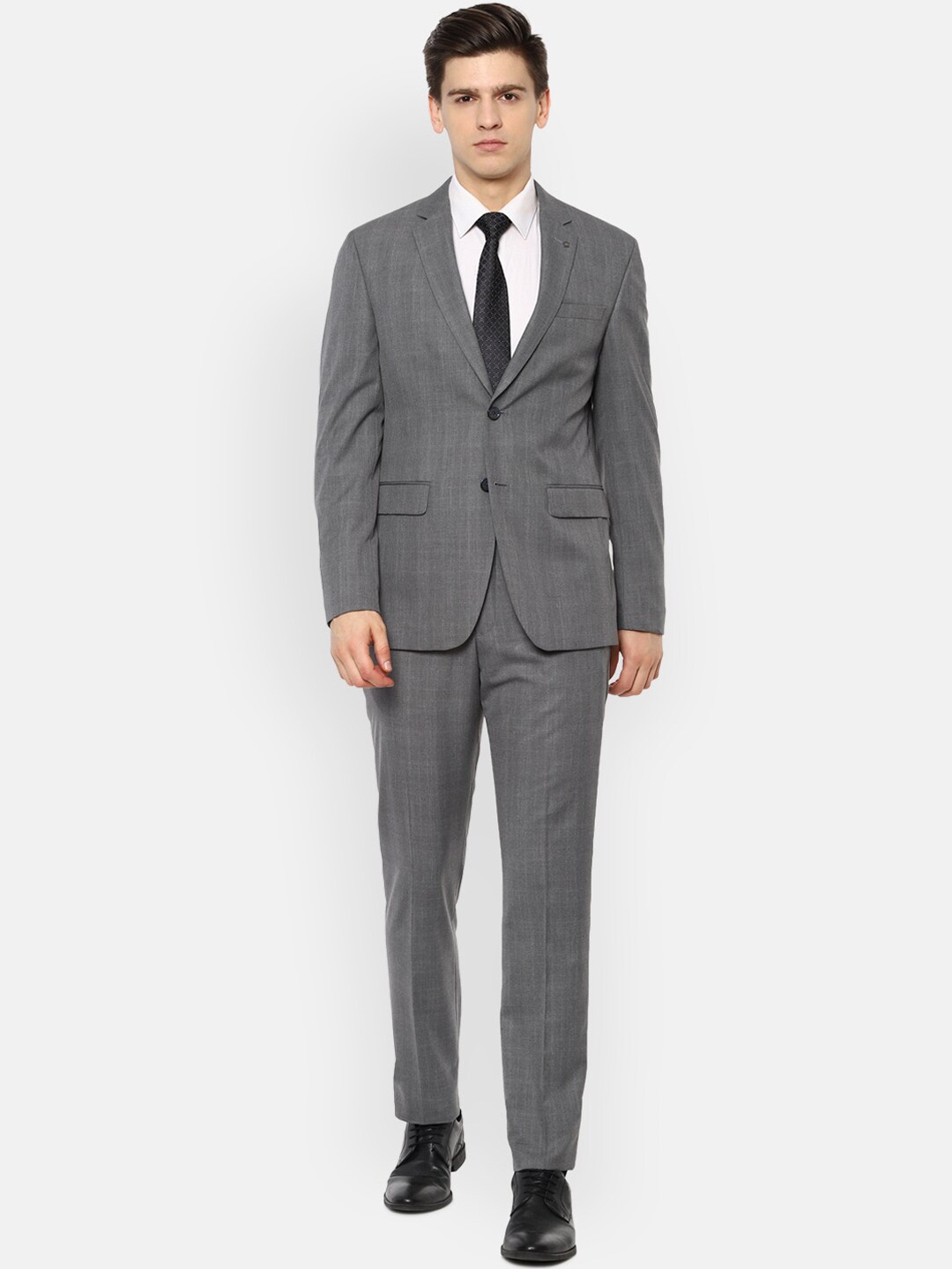 

Louis Philippe Men Grey Checked Slim-Fit Single-Breasted Two-Piece Formal Suit