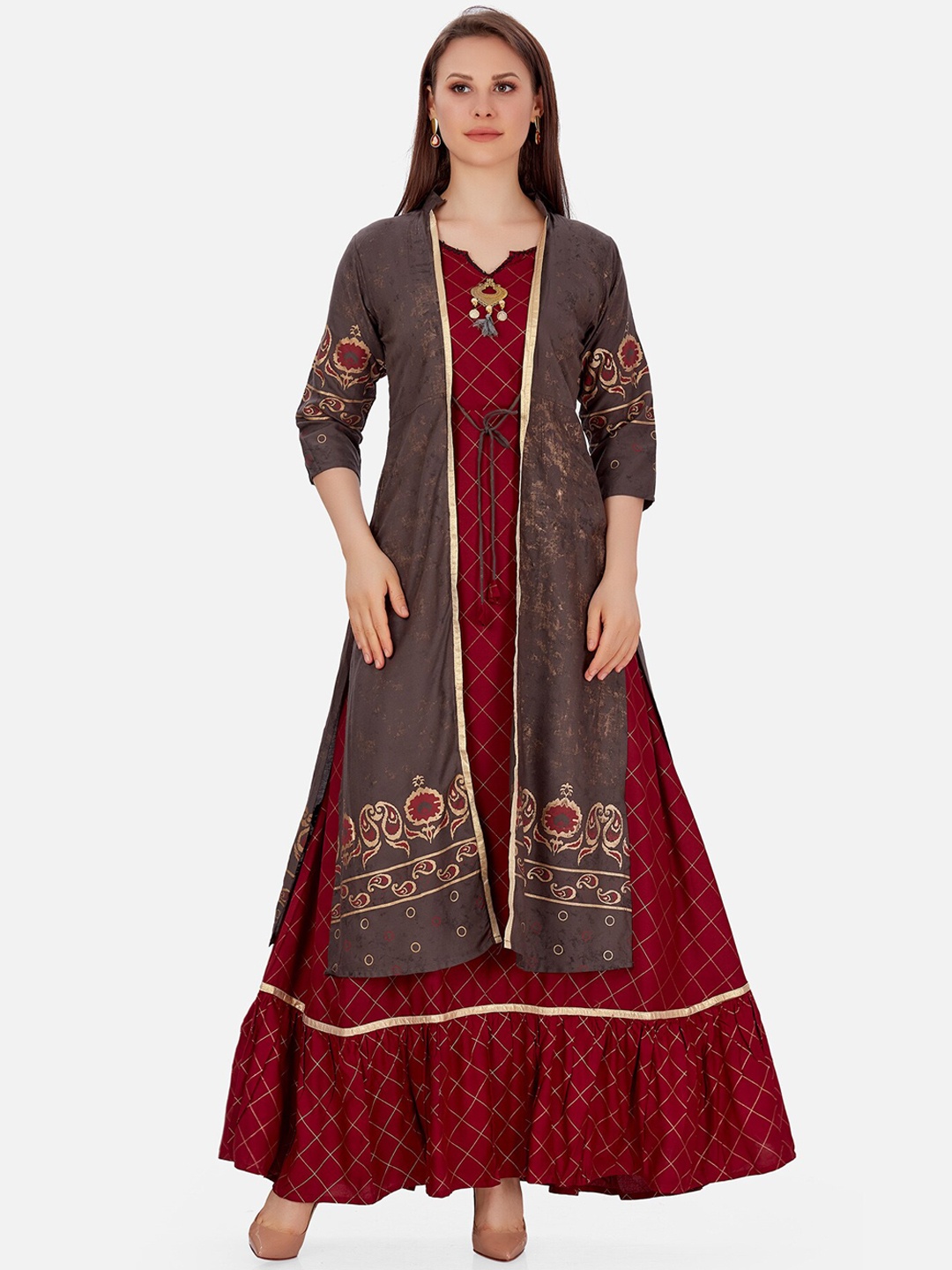 

Kiana Maroon Maxi Dress With Separate Shrug Dress
