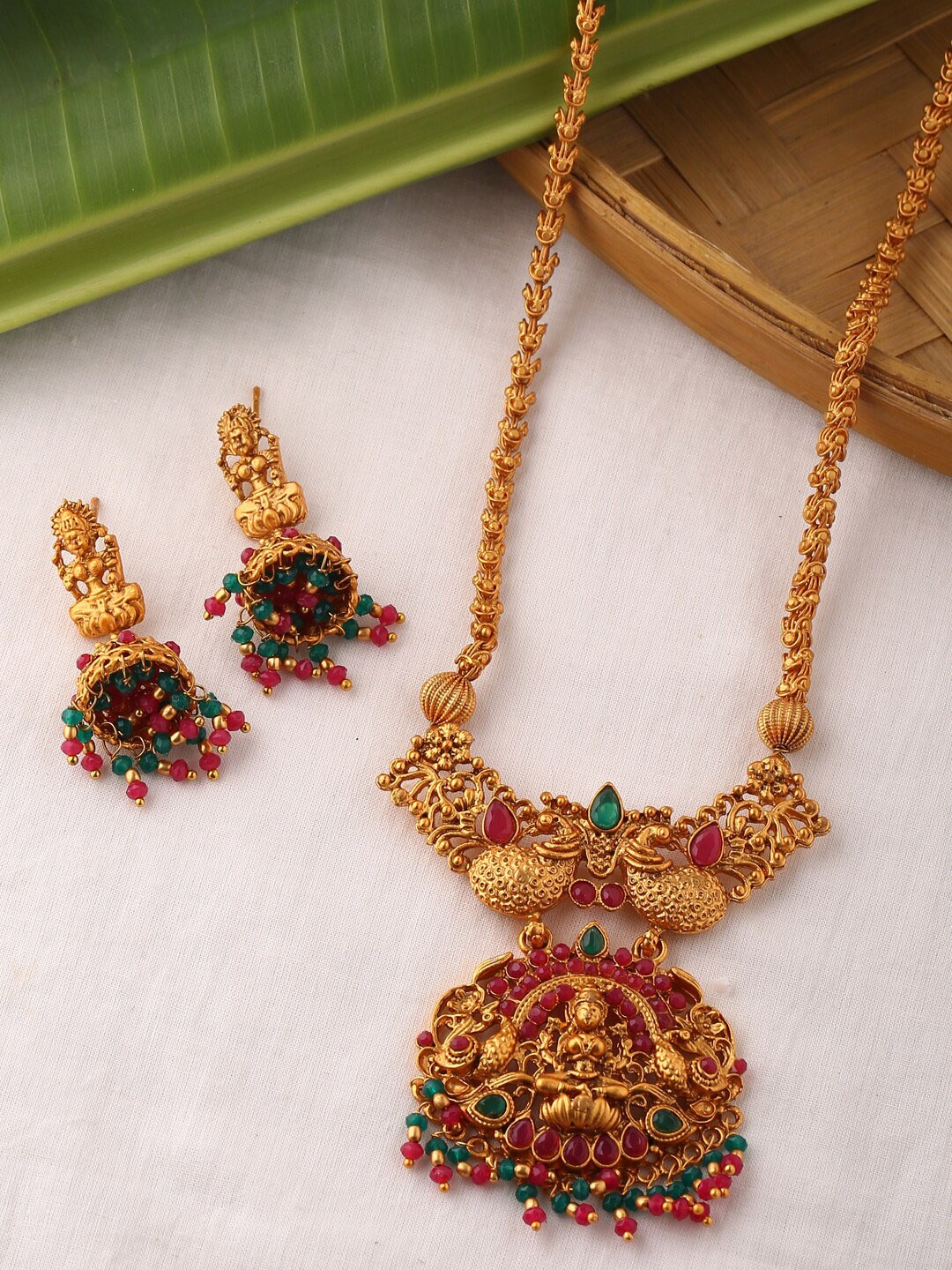 

Shoshaa Gold-Plated Red & Green Stone-Studded Temple Jewellery Set