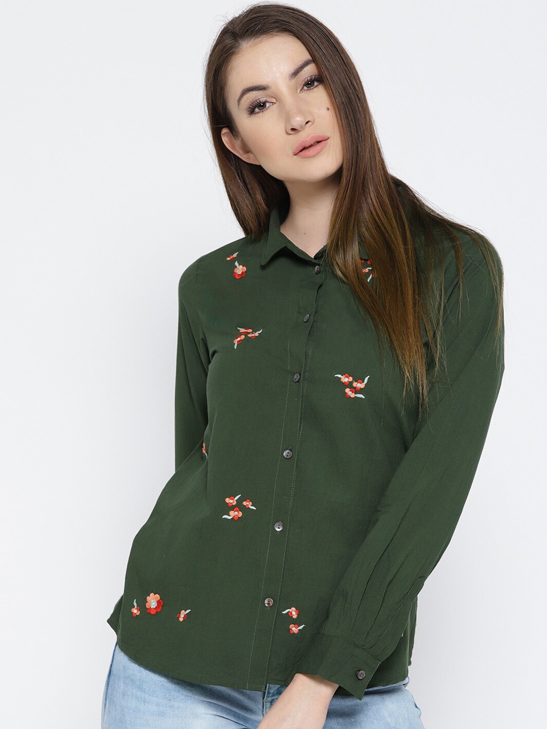 

SCOUP Olive Green Floral Embroidered Puff Sleeve Shirt Style Top