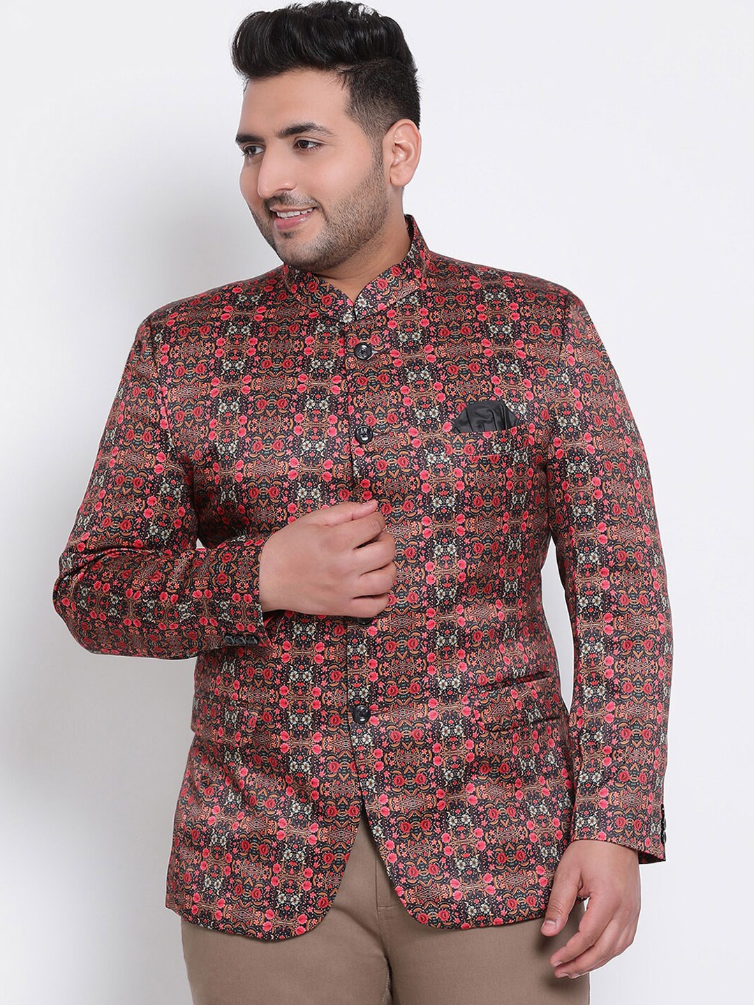 

Hangup Men Black & Pink Printed Plus Size Bandhgala Ethnic Blazer