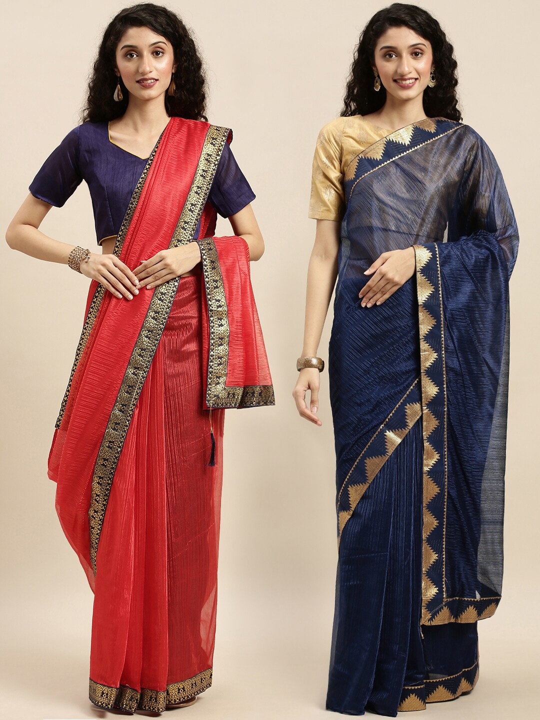 

KALINI Set of 2 Red & Blue Art Silk Sarees