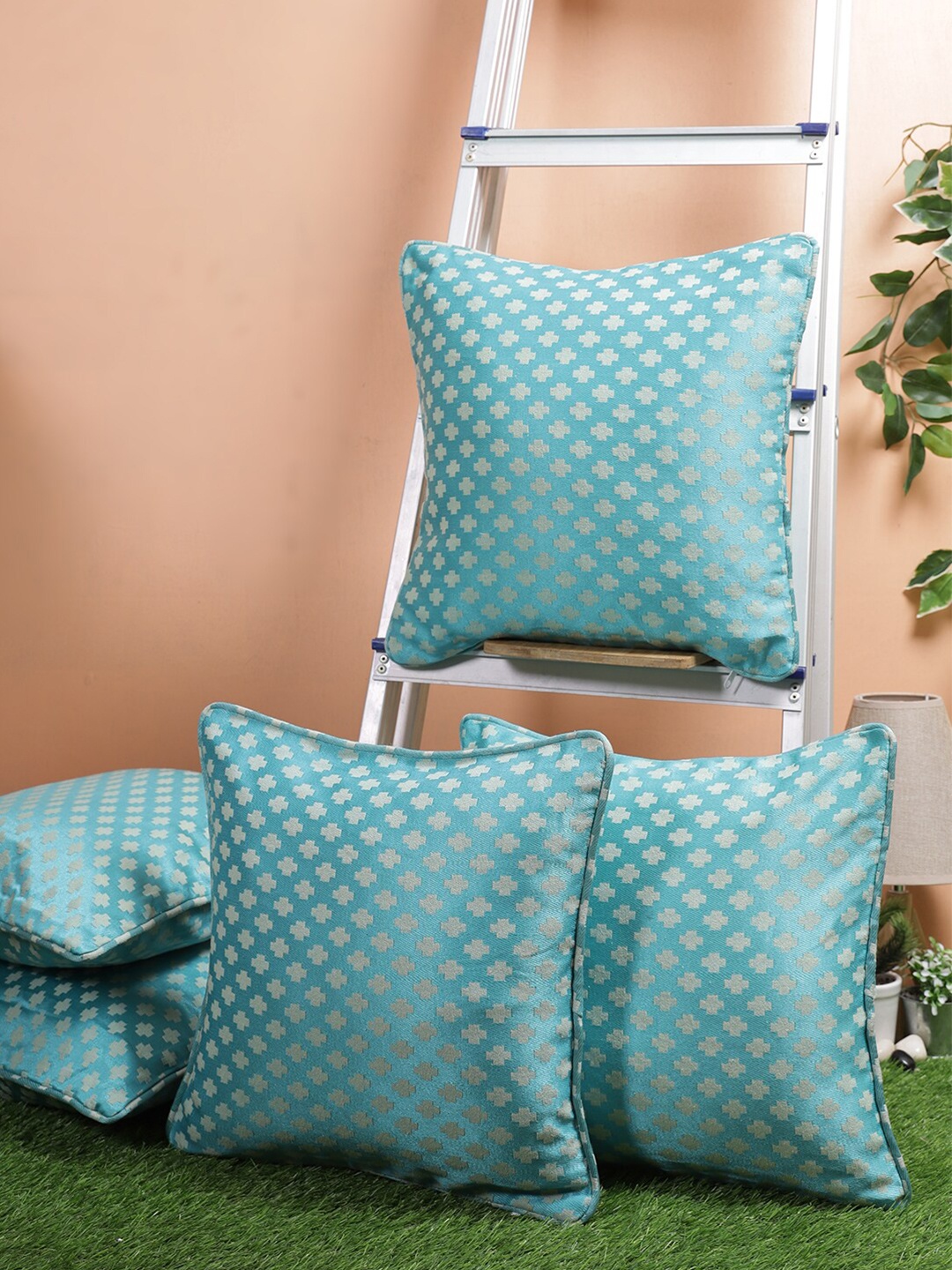 

Soumya Turquoise Blue Set of 5 Geometric Square Cushion Covers