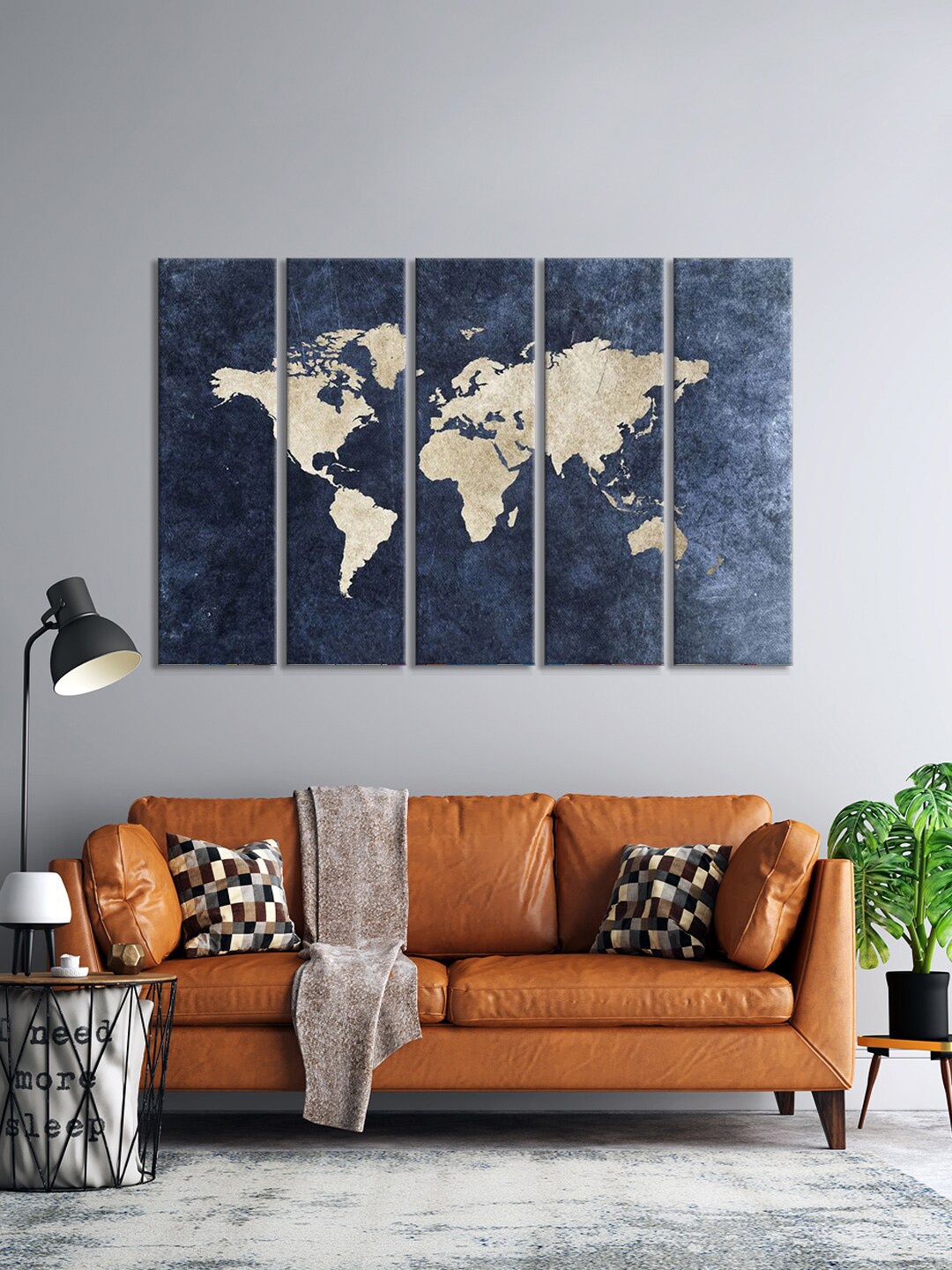 

999Store Set Of 5 Grey & Blue Map Of World Framed Wall Art