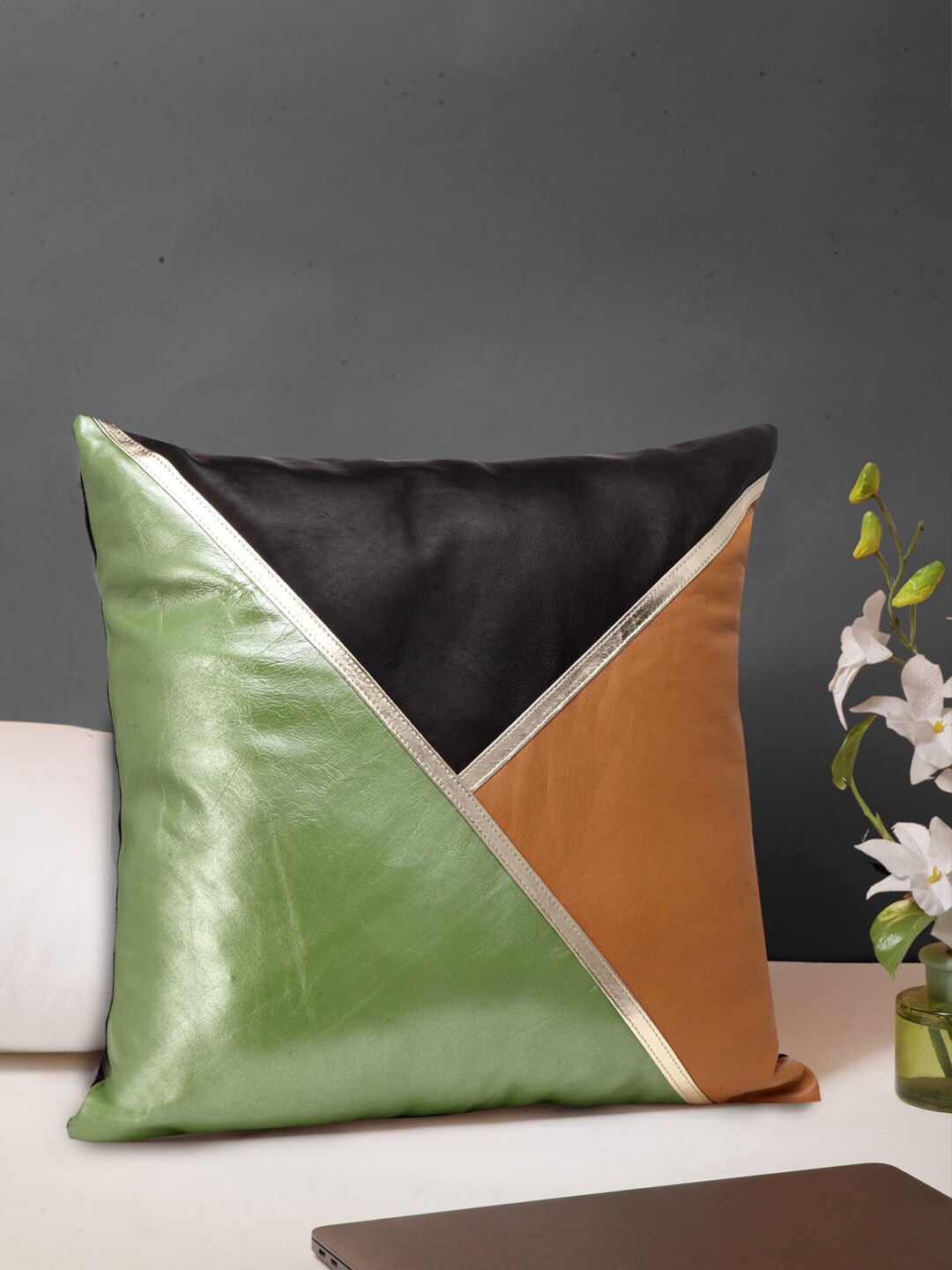 

IMUR Green & Black Colourblocked Leather Square Cushion Cover