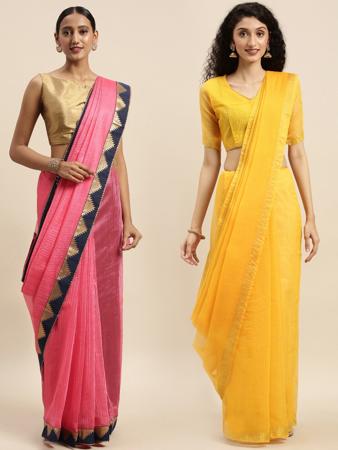 

KALINI Pack Of 2 Pink & Yellow Zari Art Silk Saree