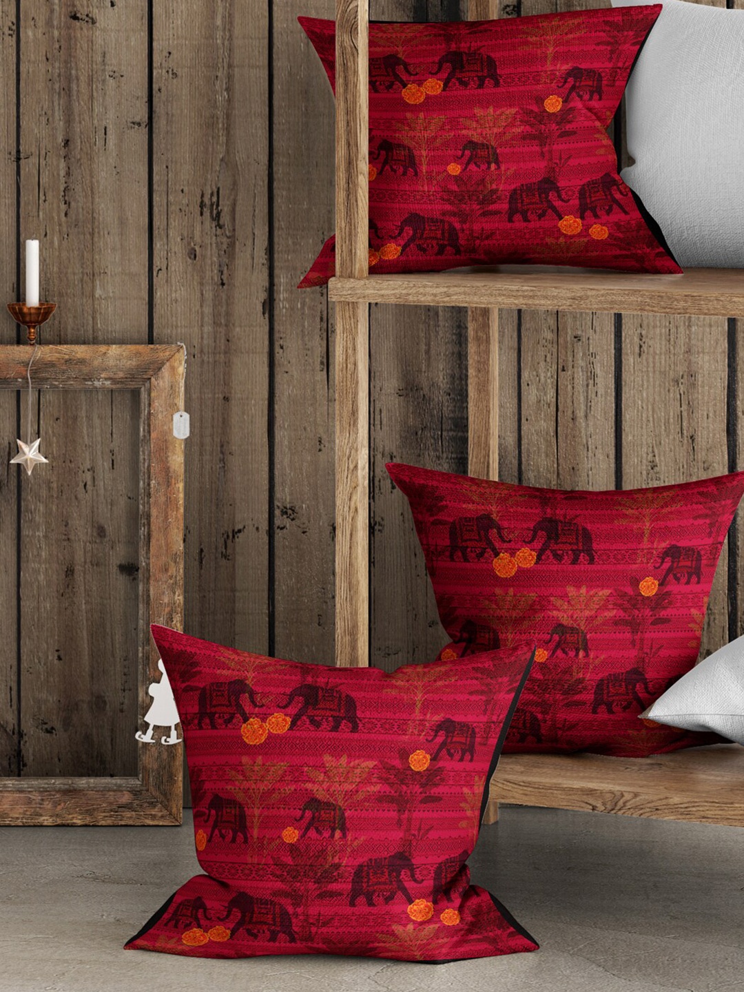 

BIANCA Red & Orange Set of 3 Ethnic Motifs Square Cushion Covers