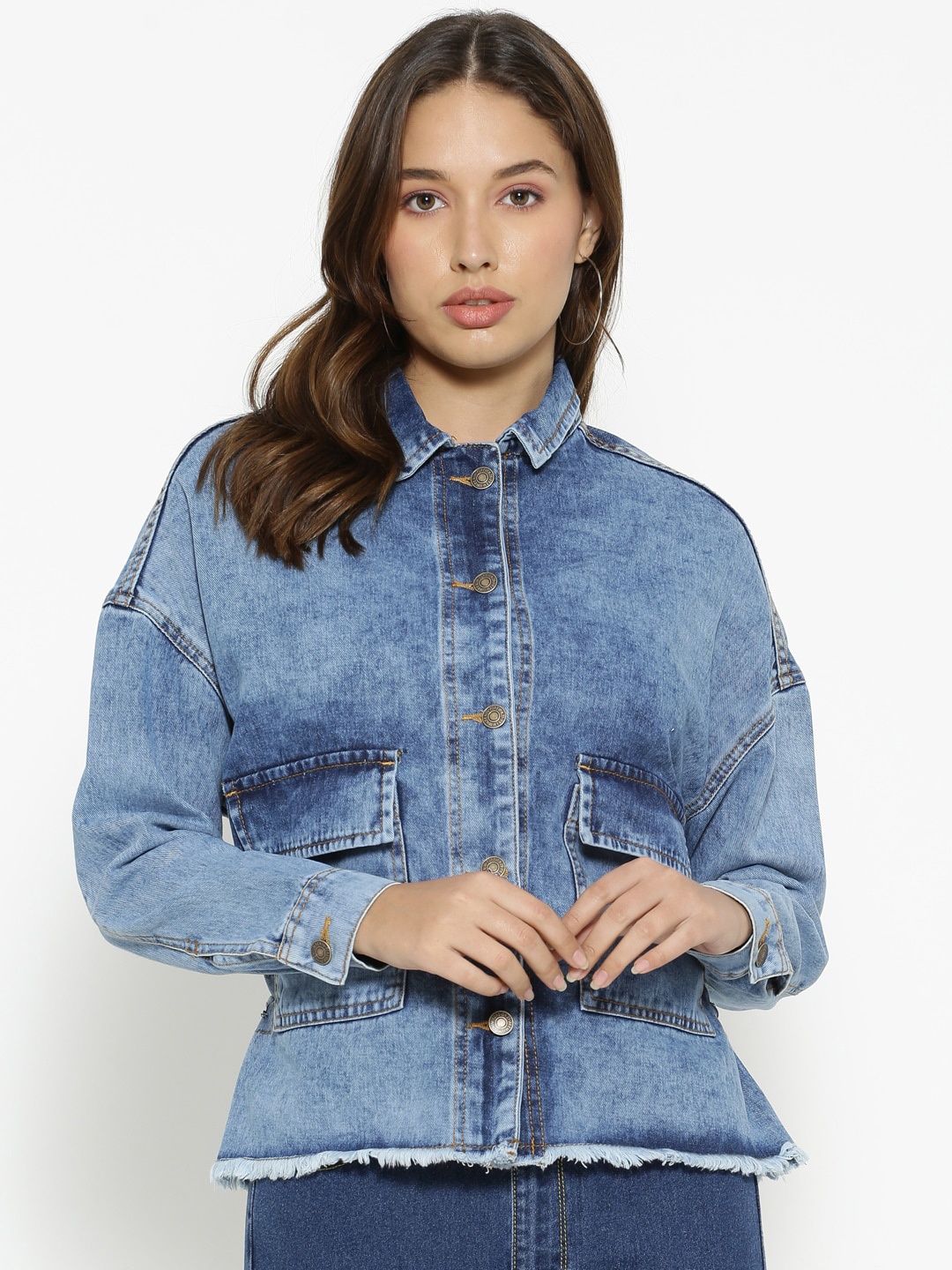 FOREVER 21 Women Blue Frayed Waist Tie Denim Jacket