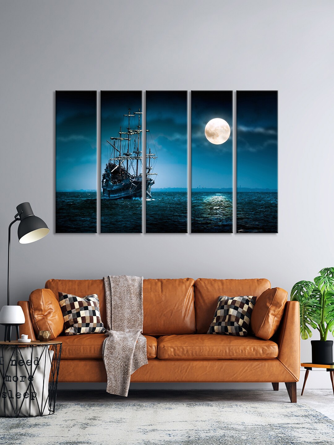 

999Store Set Of 5 Navy-Blue & White Old Ship In Storm Sea Night Sky With Moon Wall Art Frames