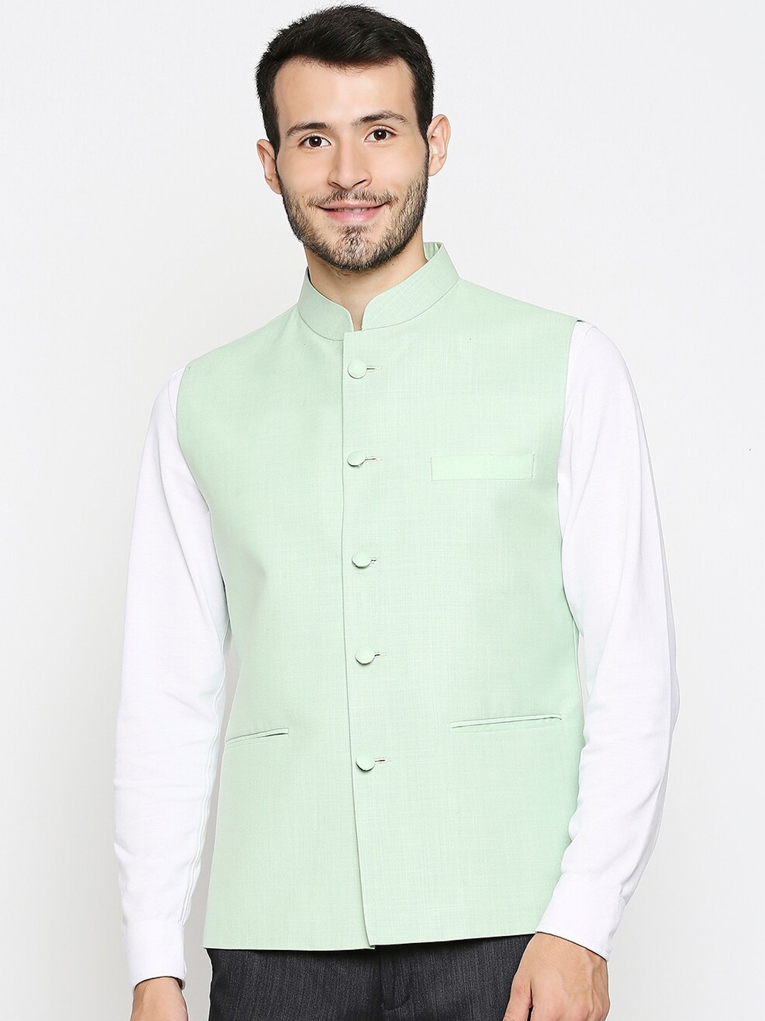 

Blacksmith Men Green Solid Linen Woven Nehru Jacket