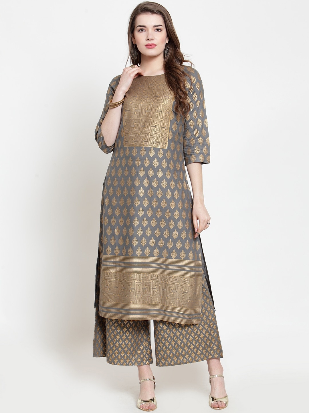 

Varanga Women Grey & Gold-Toned Ethnic Motifs Printed Kurta