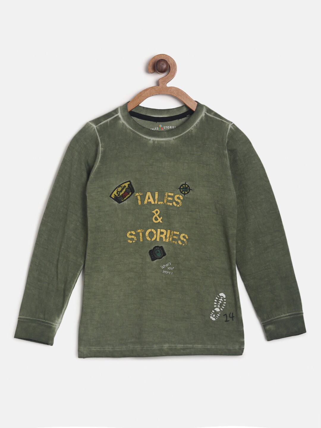 

TALES & STORIES Boys Cotton Olive Typography Printed Vintage Effect Round Neck T shirt