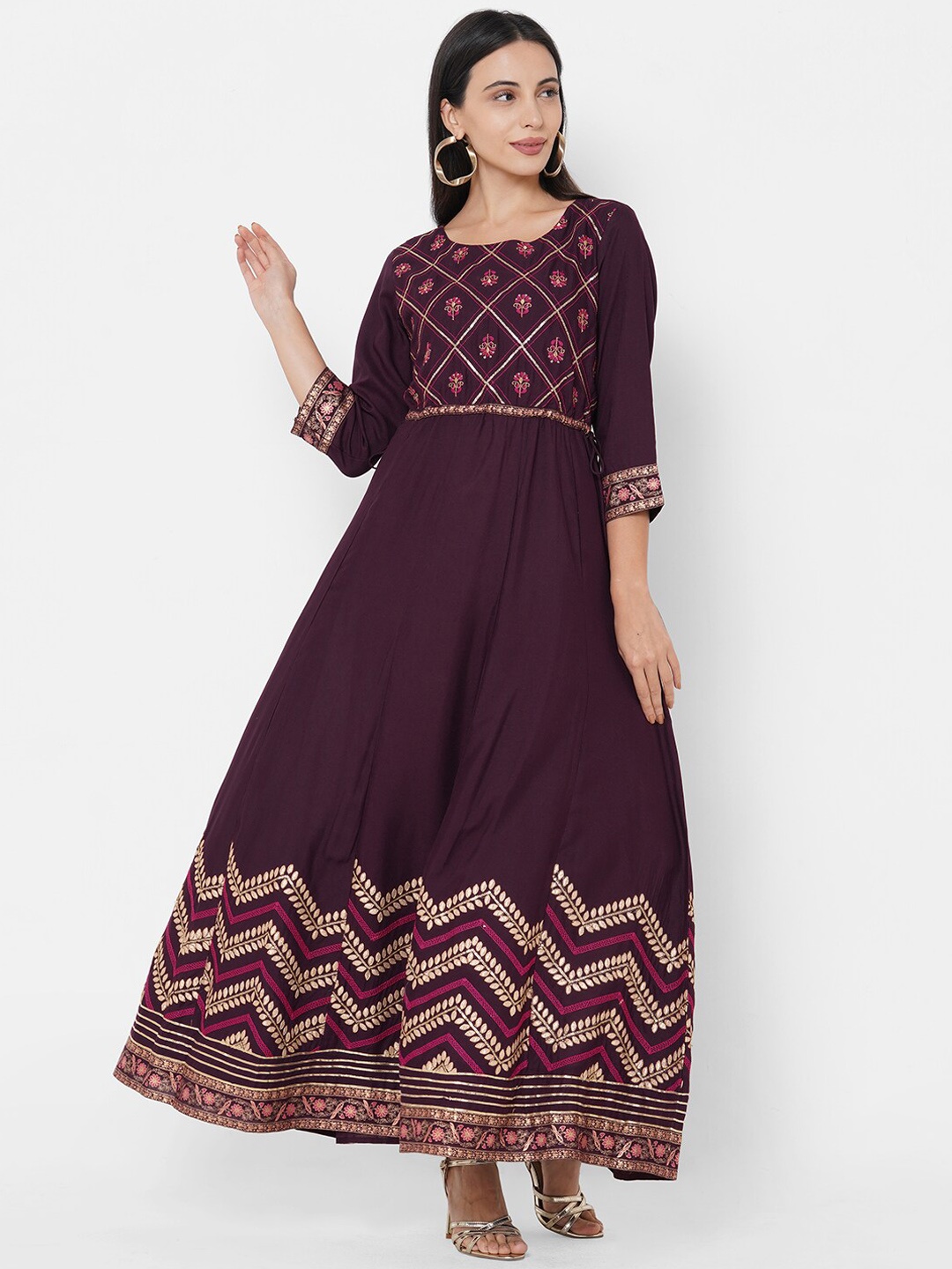 

FASHOR Burgundy Floral Embroidered Maxi Dress