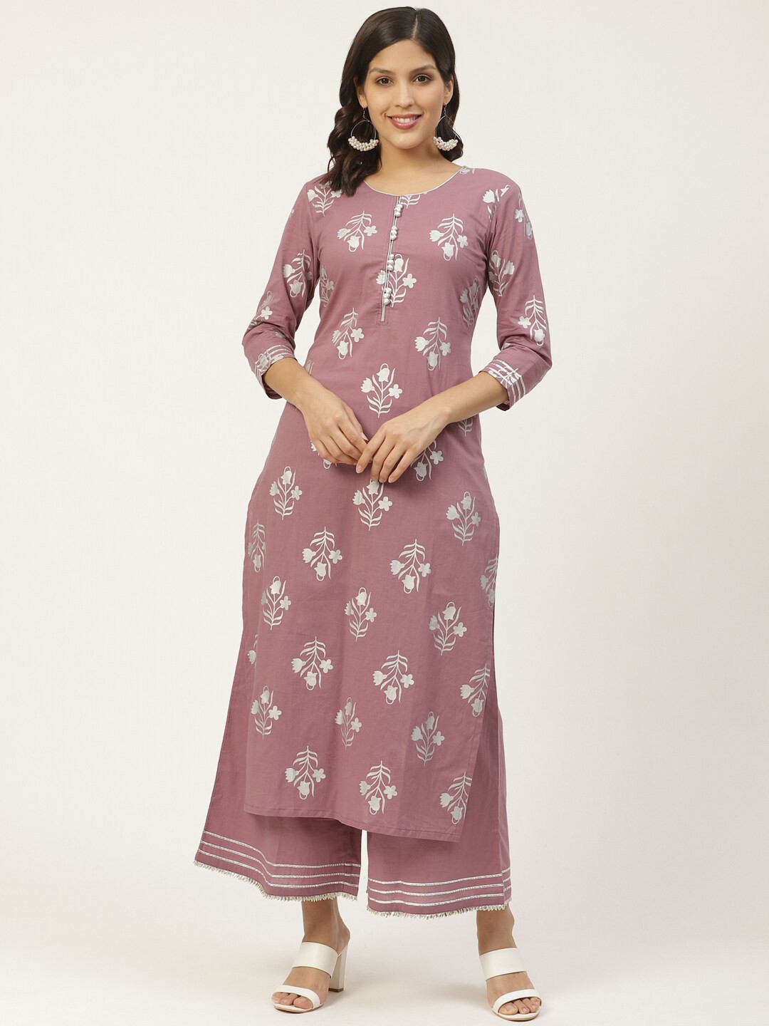 

Varanga Women Mauve Floral Printed Regular Pure Cotton Kurta with Palazzos
