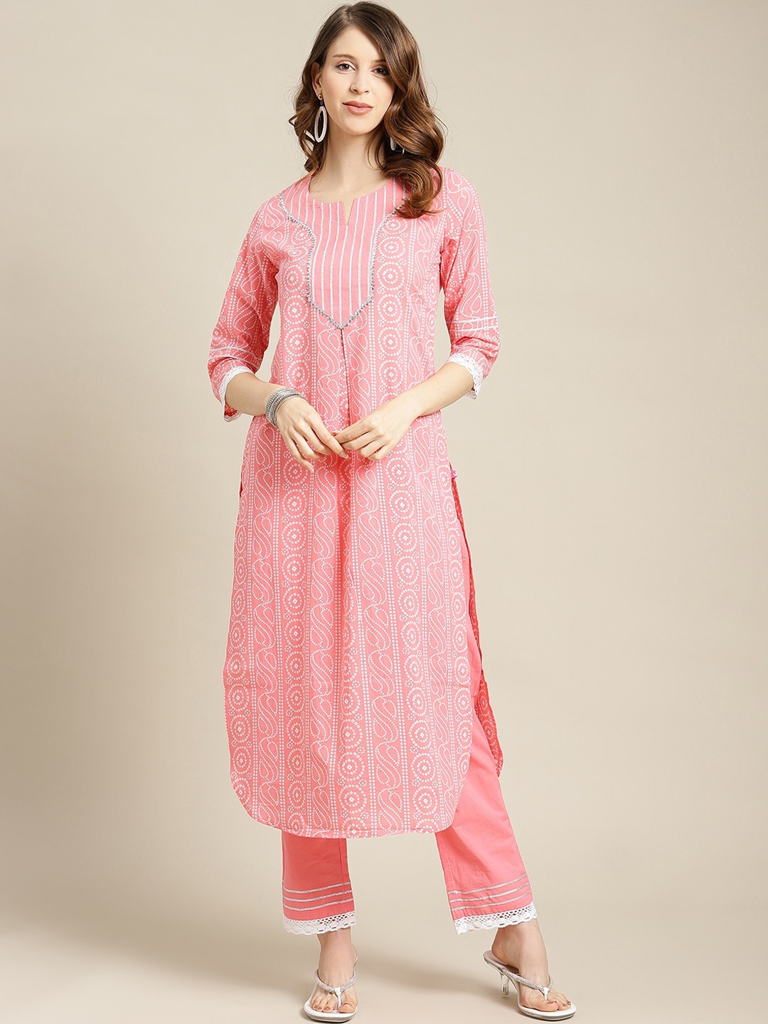 

Varanga Women Peach Pure Cotton Printed Straight Kurta with Trousers