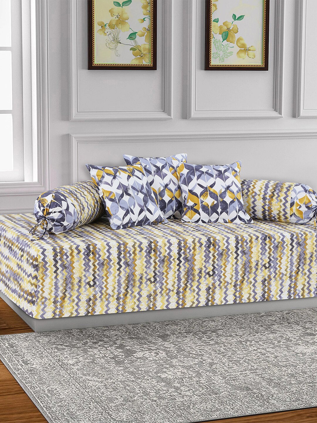 

Salona Bichona Set Of 6 Yellow & Grey Printed Bedsheet With Bolster & Cushion Covers