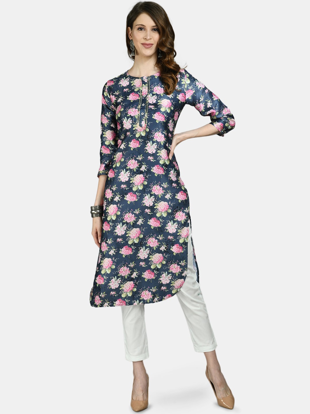 

Myshka Women Multi Floral Printed Cold-Shoulder Sleeves Mirror Work Kurta