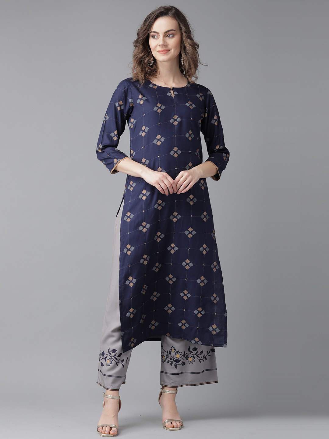 

Indo Era Women Navy Blue & Beige Ethnic Motifs Printed Keyhole Neck Straight Kurta