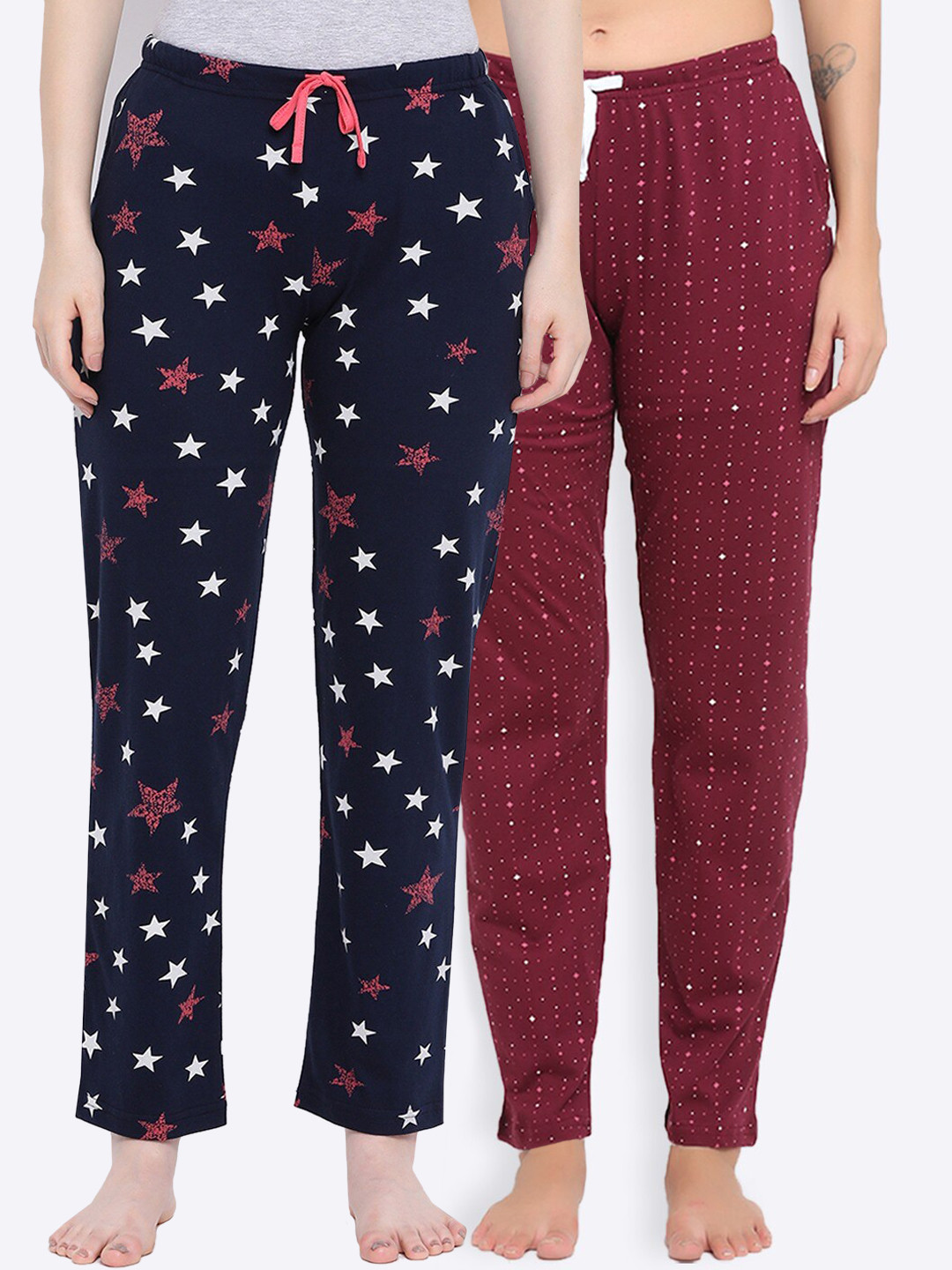 

Kanvin Women Pack Of 2 Printed Pure Cotton Lounge Pants, Maroon