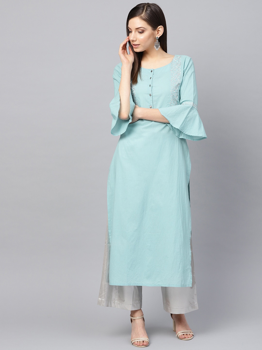 

Varanga Women Blue & Grey Floral Yoke Design Bell Sleeves Thread Work Floral Kurta