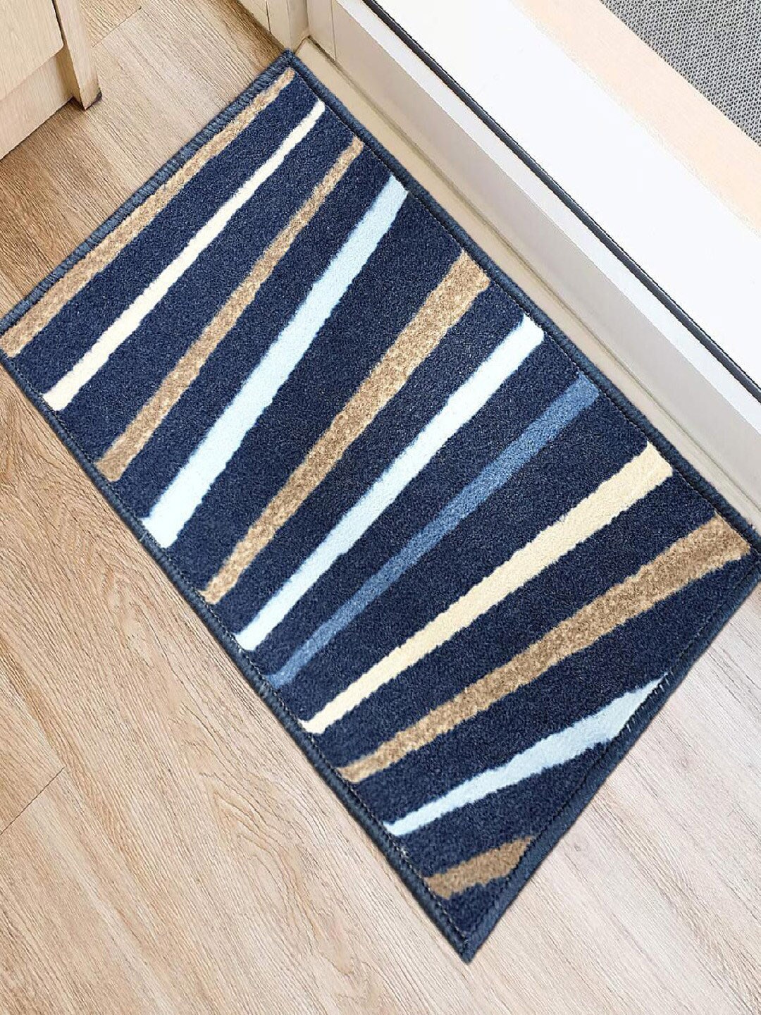 Status Blue & Brown Striped Anti-Skid Rectangular Doormat