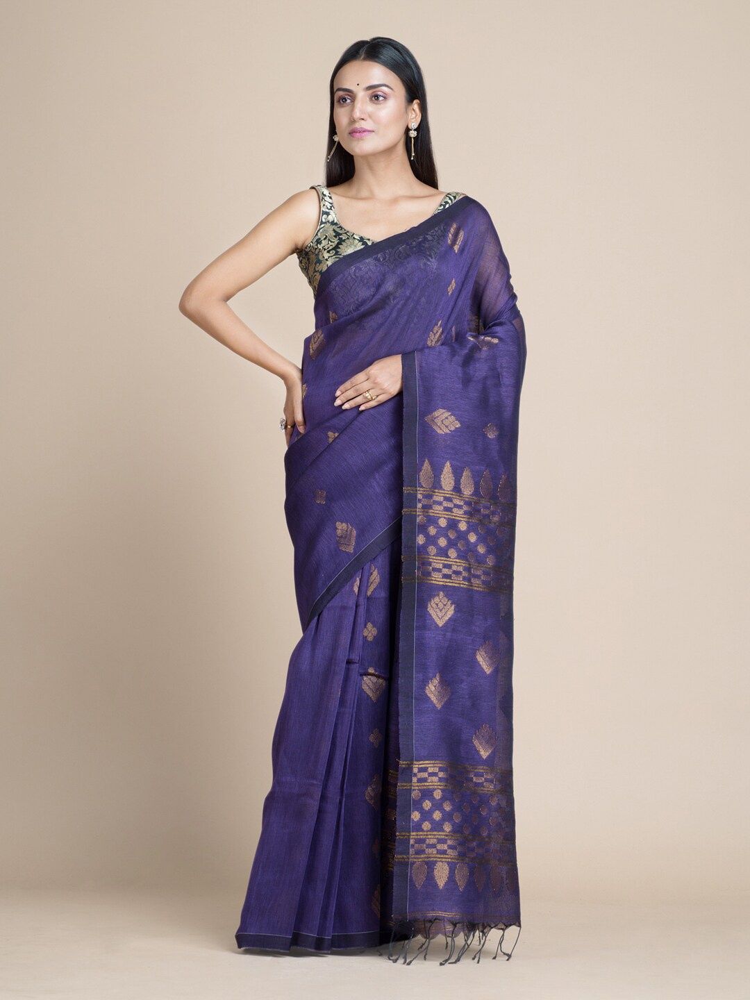 

Mitera Blue & Gold-Toned Ethnic Motifs Zari Saree