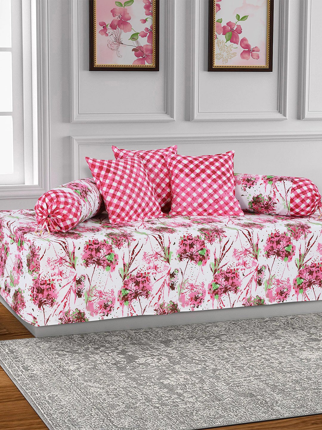

Salona Bichona Set Of 6 Pink & White Floral Bedsheet With Bolster & Cushion Covers