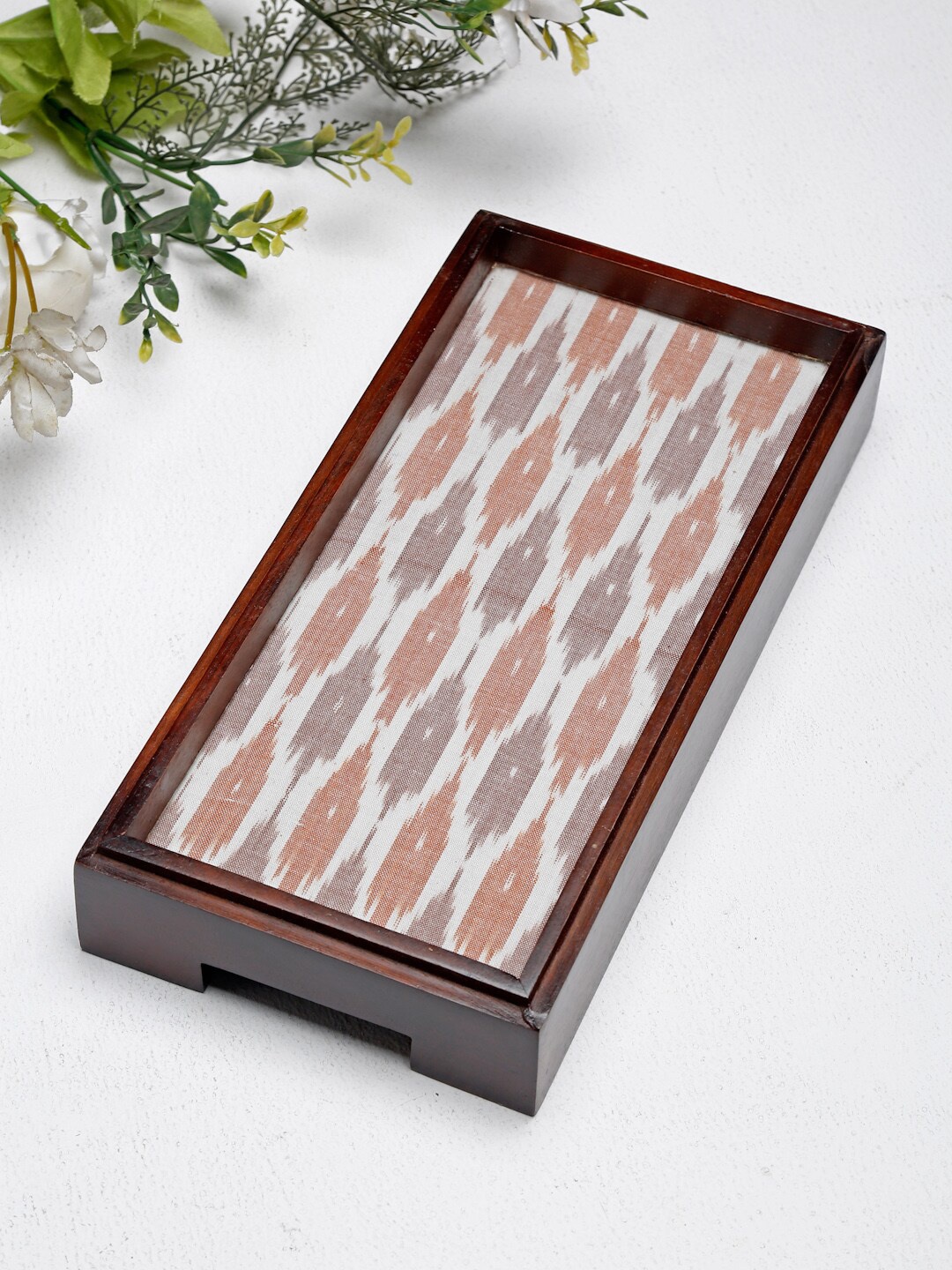 

Fabindia White & Pink Wood Fabric IKATH Woven Rectangle Small Tray