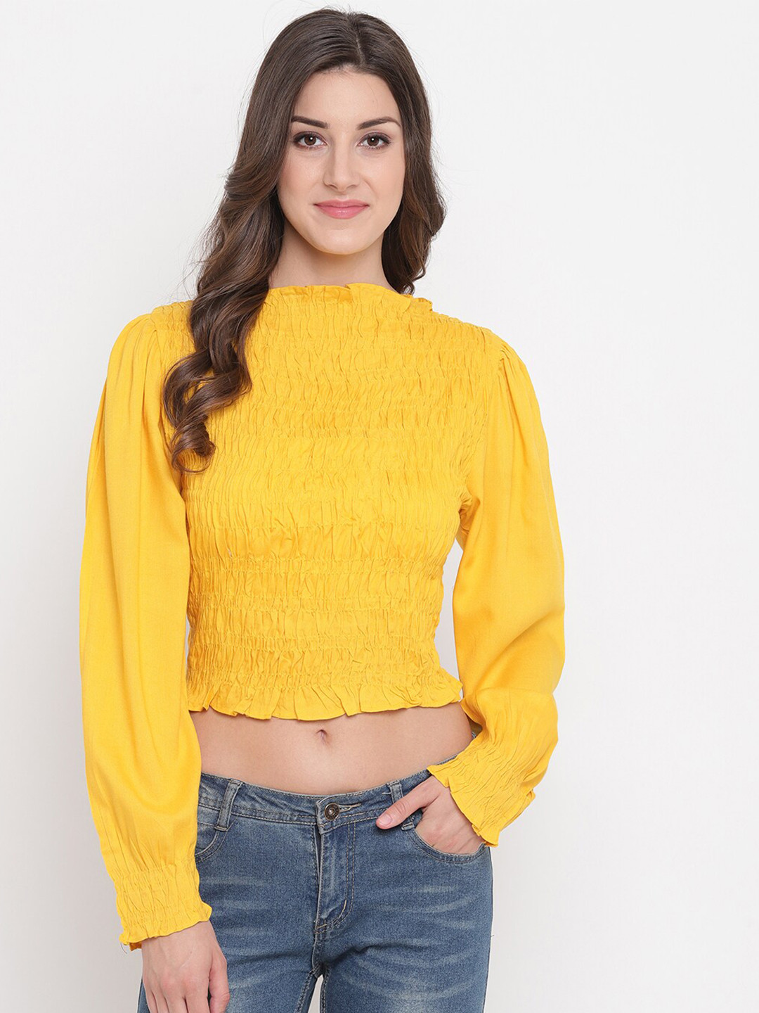 

Aawari Mustard Yellow Smocked Crop Top