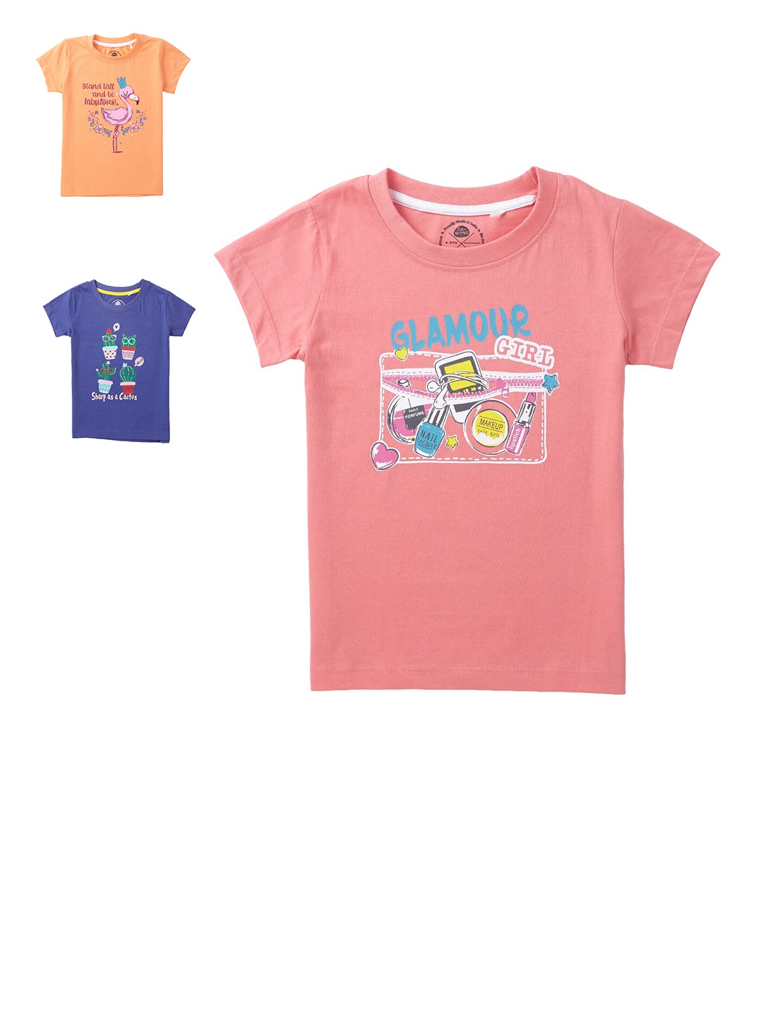 Cub McPaws Girls Pack Of 3 Printed Cotton T-shirt, Peach