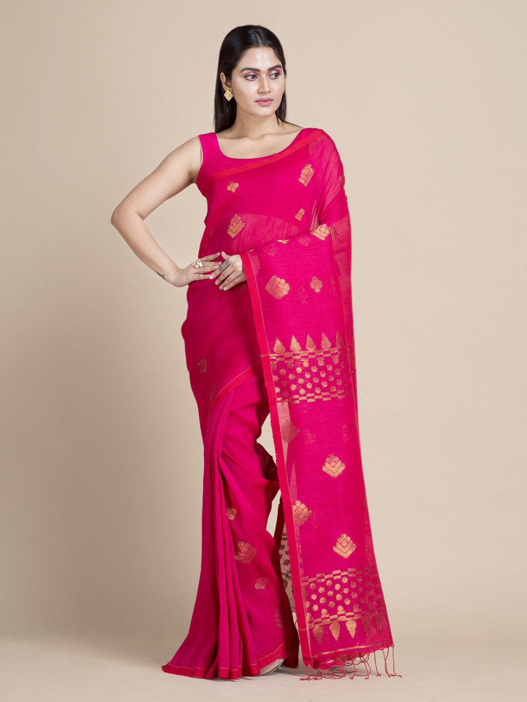 

Mitera Pink & Gold Woven Design Linen Blend Zari Saree