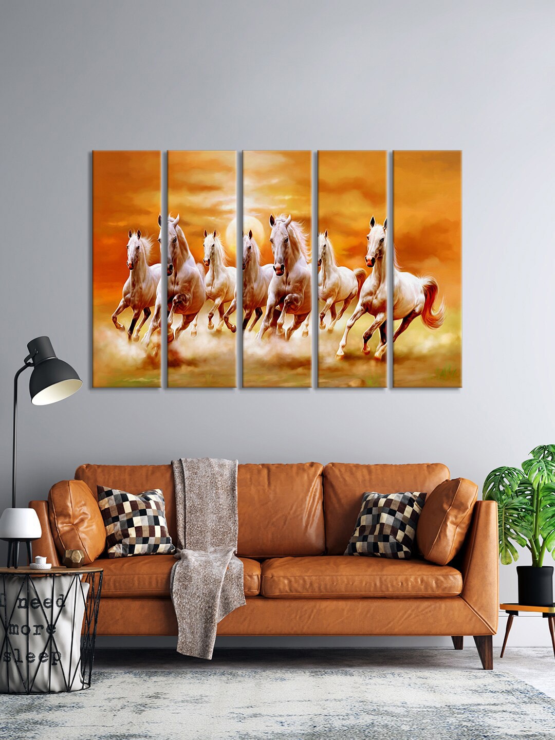 

999Store Set Of 5 Yellow & Brown Horses Running Printed Wall Paintings