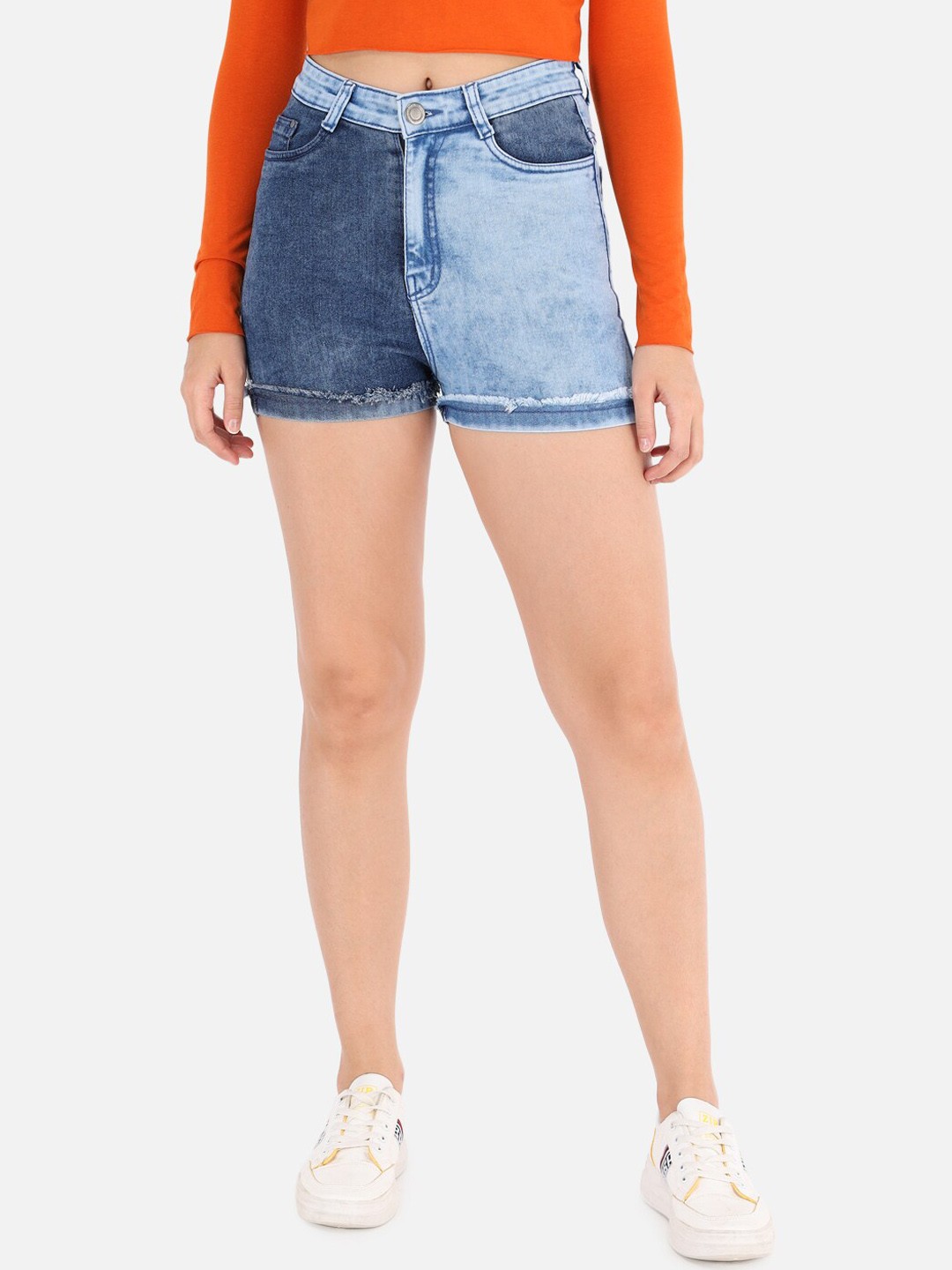 

The Dry State Women Blue Colourblocked Washed High-Rise Denim Shorts
