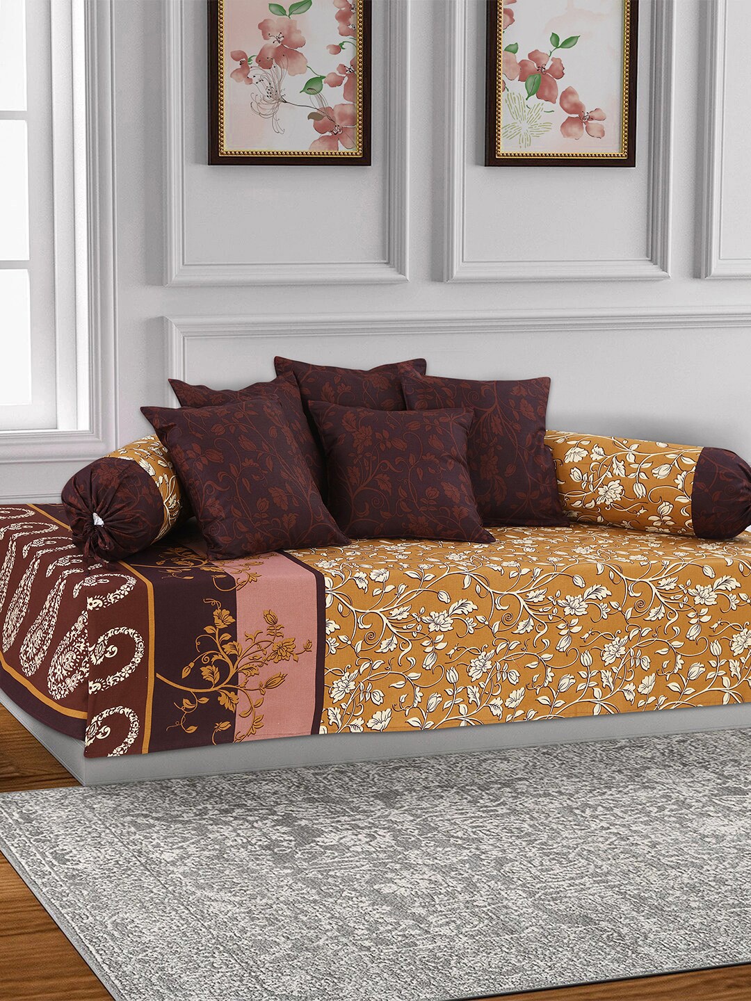 

Salona Bichona Set Of 6 Brown & White Floral Printed Cotton Bedsheet With Bolster & Cushion Covers