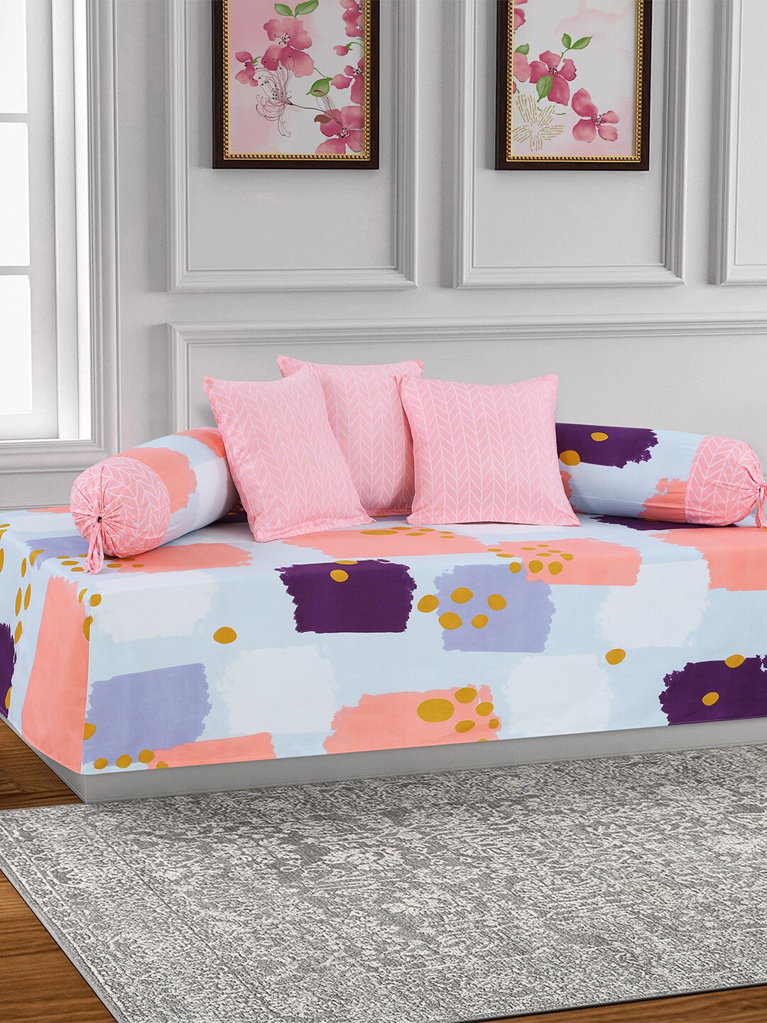 

Salona Bichona 6-Pcs Peach-Coloured & Blue Printed Bedsheet With Bolster & Cushion Covers