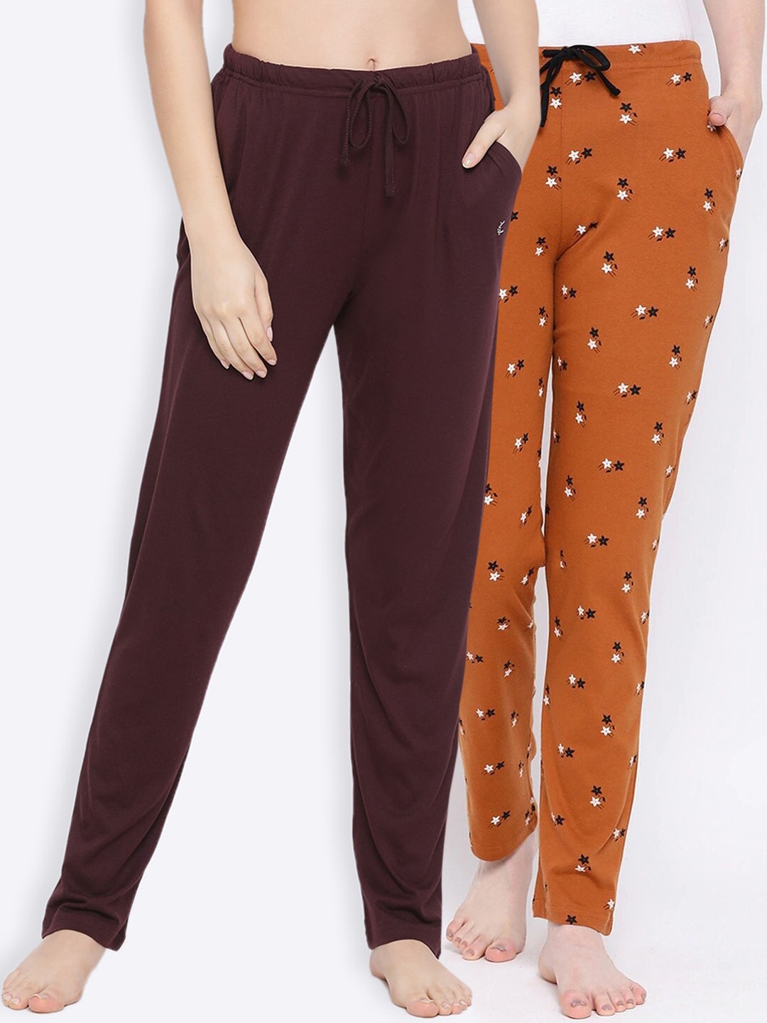 

Kanvin Women Pack Of 2 Printed Pure Cotton Lounge Pants, Brown