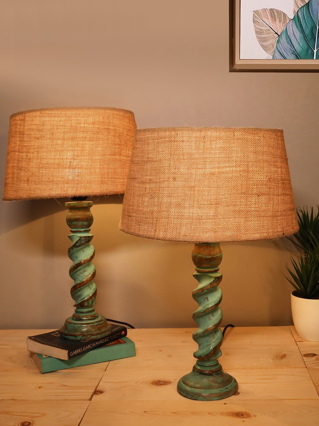 

Homesake Beige & Sea Green Contemporary Handcrafted Bedside Standard Table Lamp