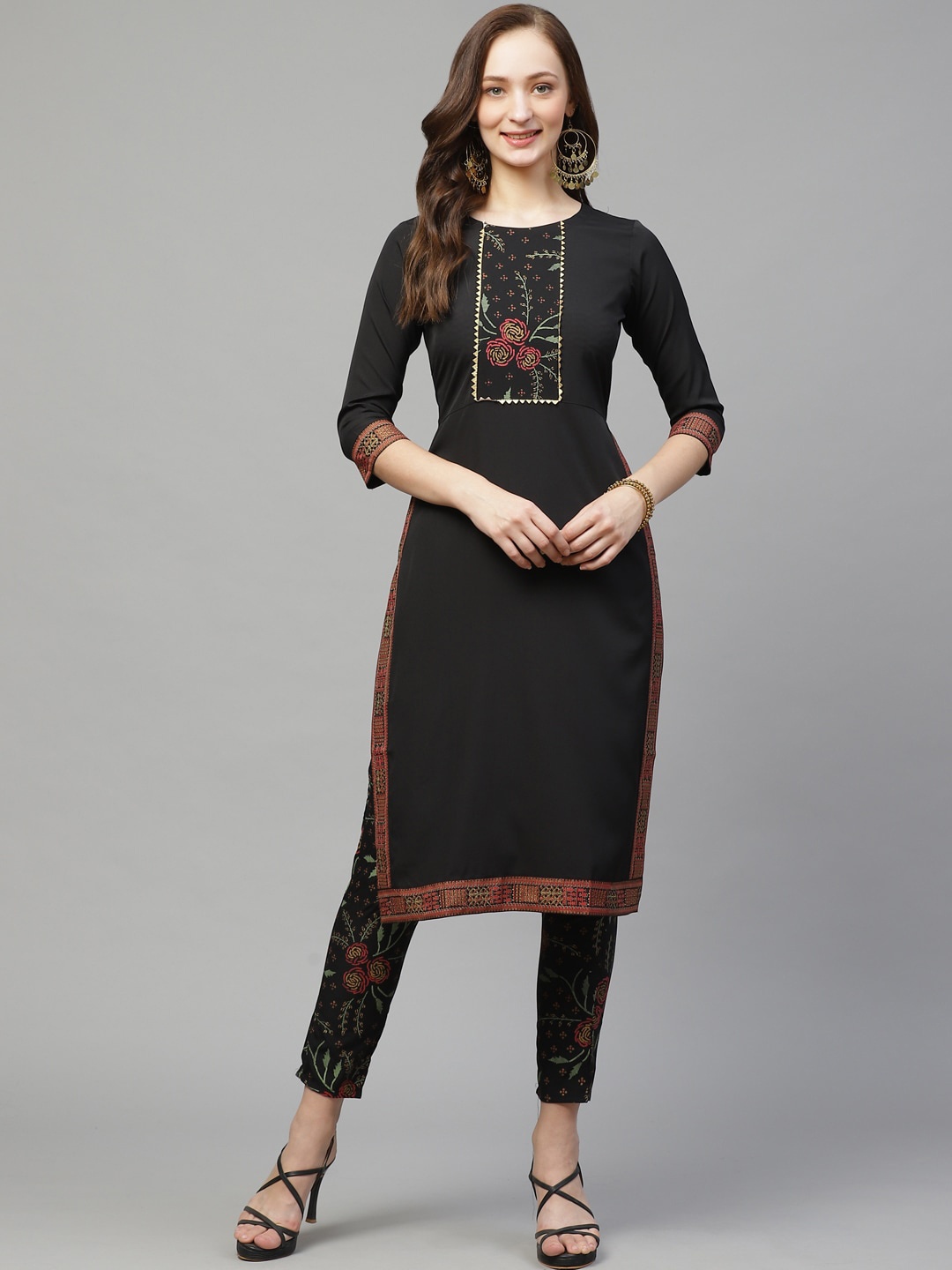 

ZIYAA Women Black & Red Floral Yoke Design Gotta Patti Floral Crepe Kurta