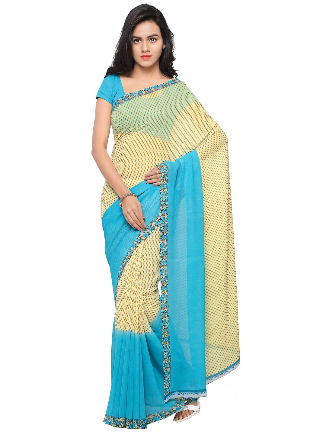 

ANAND SAREES Cream-Coloured & Blue Floral Saree