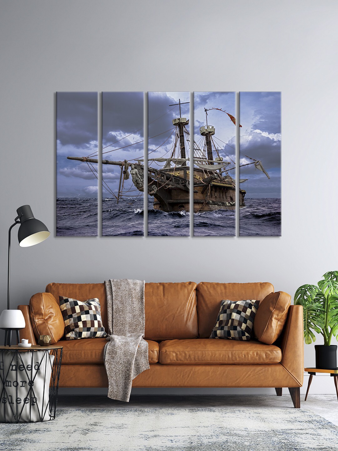 

999Store Set Of 5 Grey & Brown Old Ship In The Sea Wall Art Frames