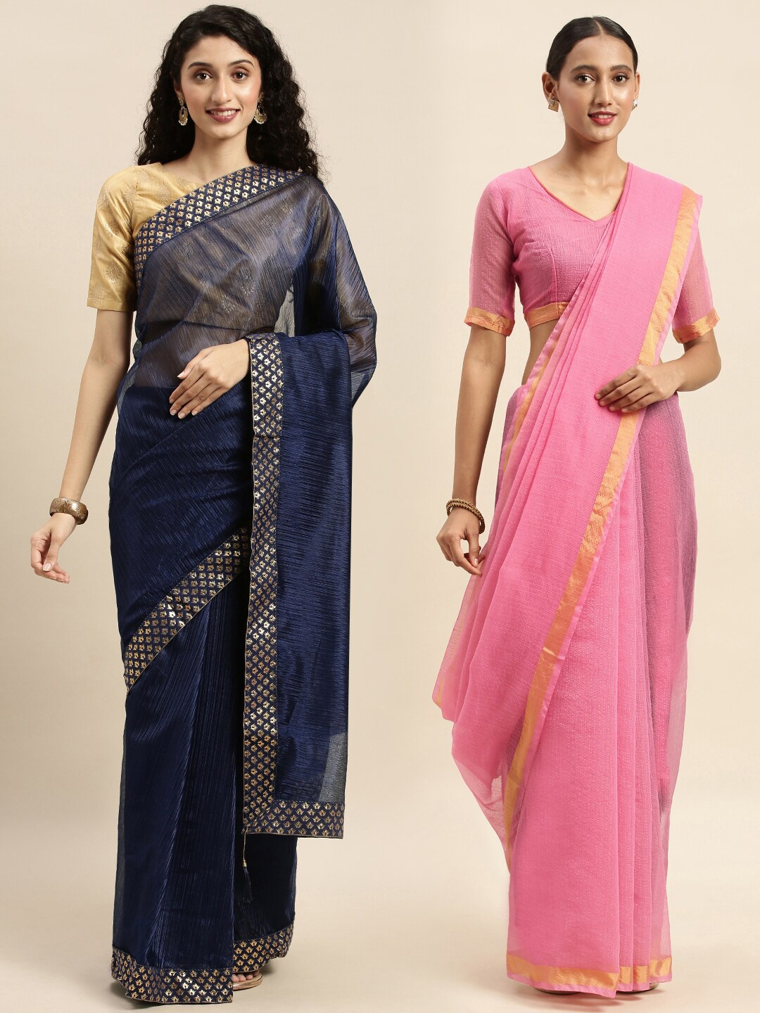 

KALINI Pack Of 2 Navy Blue & Pink Zari Art Silk Saree