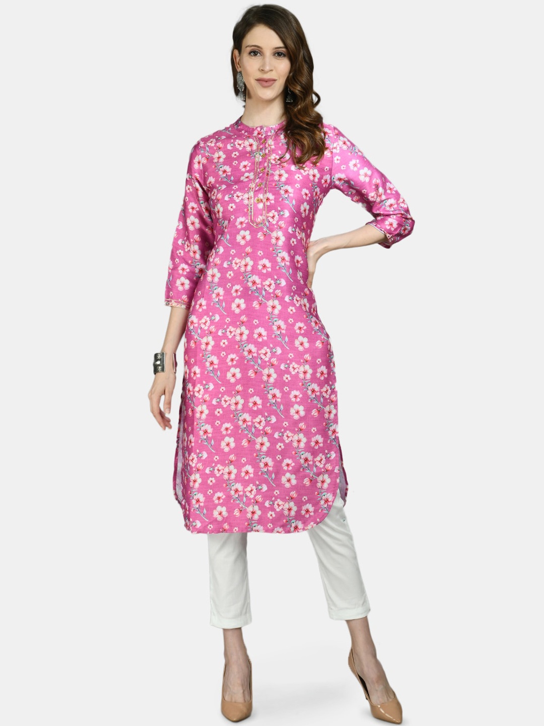 

Myshka Women Pink & White Floral Printed Pure Silk Kurta