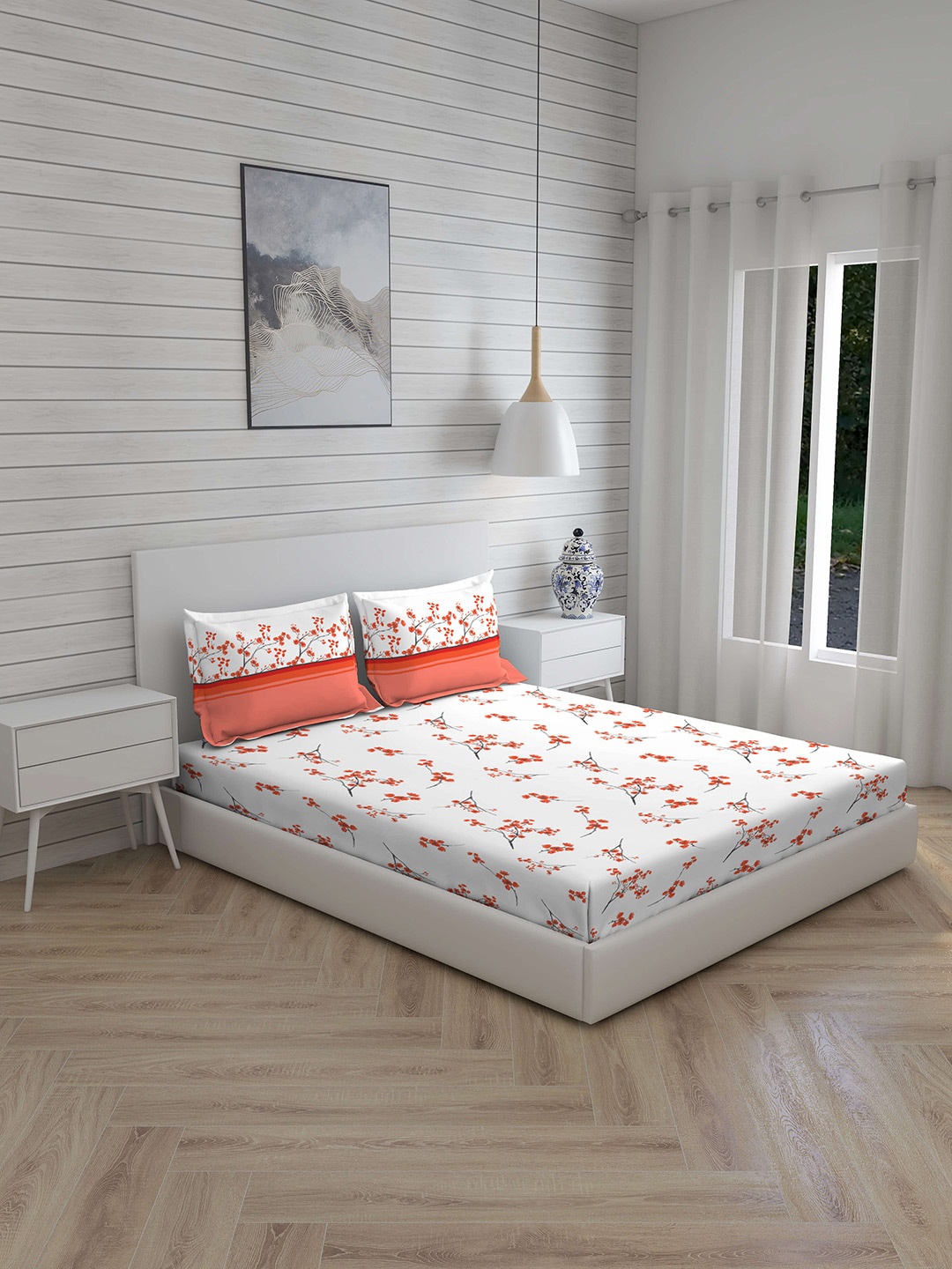 

Layers White & Orange Floral 144 TC Queen Bedsheet with 2 Pillow Covers