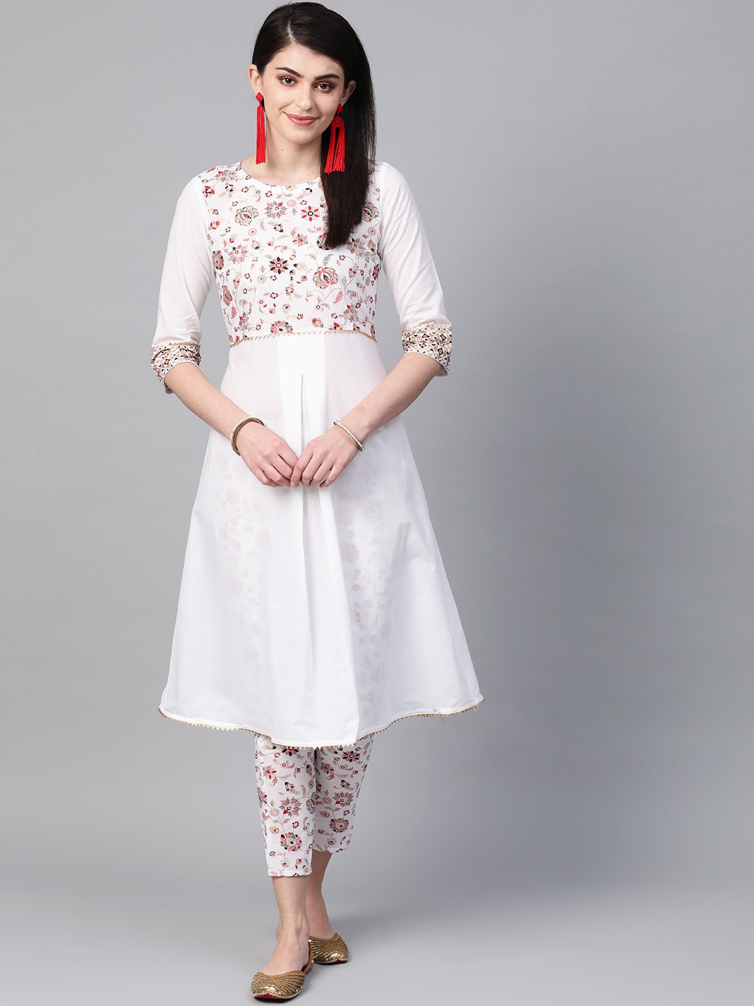 

ZIYAA Women White Floral Yoke Design Anarkali Kurta