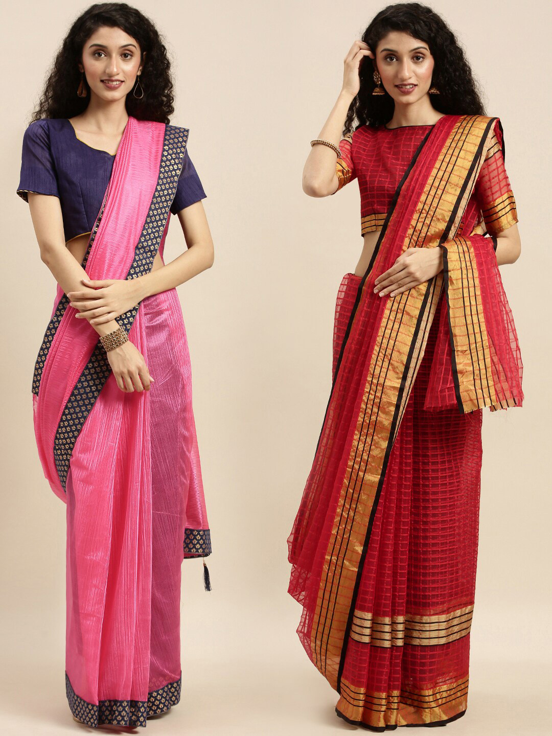 

KALINI Pink & Red Pack Of 2 Checked Zari Art Silk Sarees