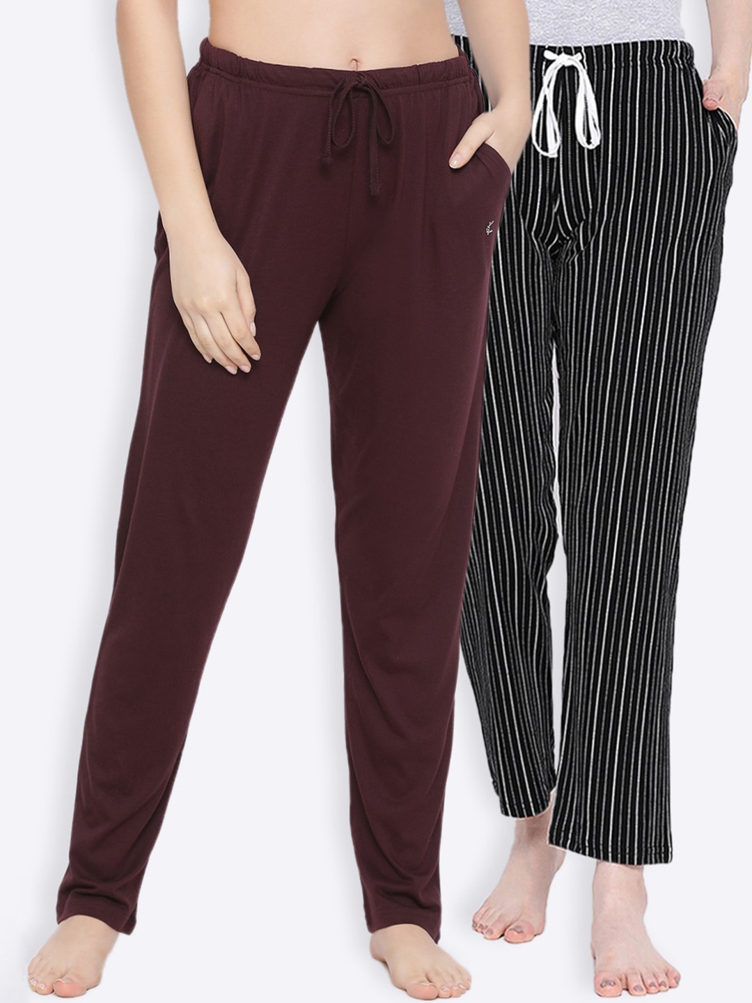 

Kanvin Women Pack Of 2 Printed Pure Cotton Lounge Pants, Brown